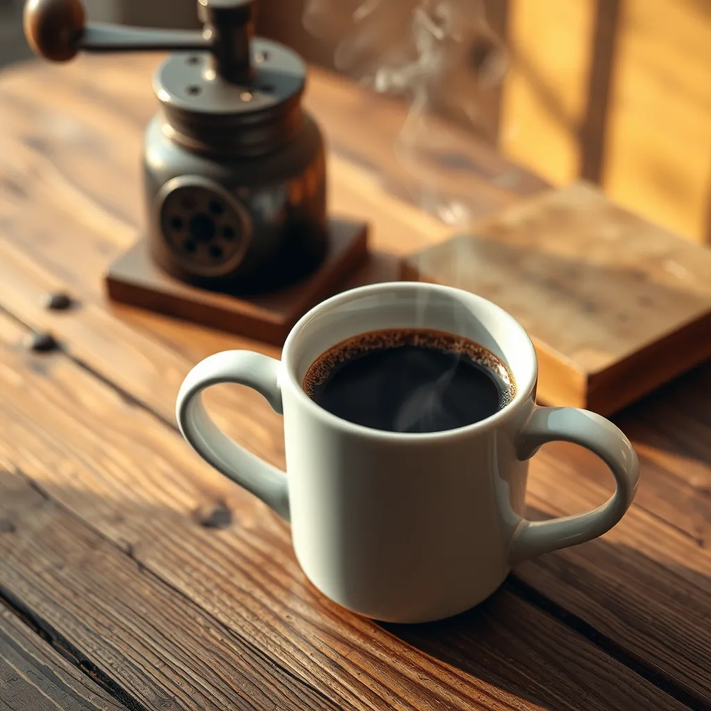 A close-up, high-angle shot of a steaming cup of coffee in a classic white ceramic mug, resting on a rustic wooden table. The coffee should be dark and rich, with a visible crema. Natural, warm lighting illuminates the scene, highlighting the texture of the wood and the steam rising from the coffee.  The composition should be minimalist, showcasing the coffee as the focal point. Include a small, antique coffee grinder in the background, adding a touch of vintage charm. The image should be rendered in 8K resolution with hyperrealistic details, capturing the smooth texture of the ceramic mug, the intricate grain of the wood, and the delicate condensation on the glass. The overall mood should be inviting and comforting, evoking the aroma of freshly brewed coffee.