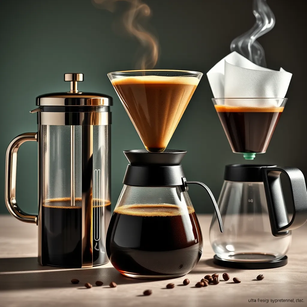 A dynamic image showcasing a variety of brewing methods, including a French press, a pour-over device, and a drip coffee maker. Each method should be presented in a visually appealing and functional way, with coffee brewing in progress. The image should highlight the versatility of Fresh Filter Coffee and its ability to complement different brewing preferences.